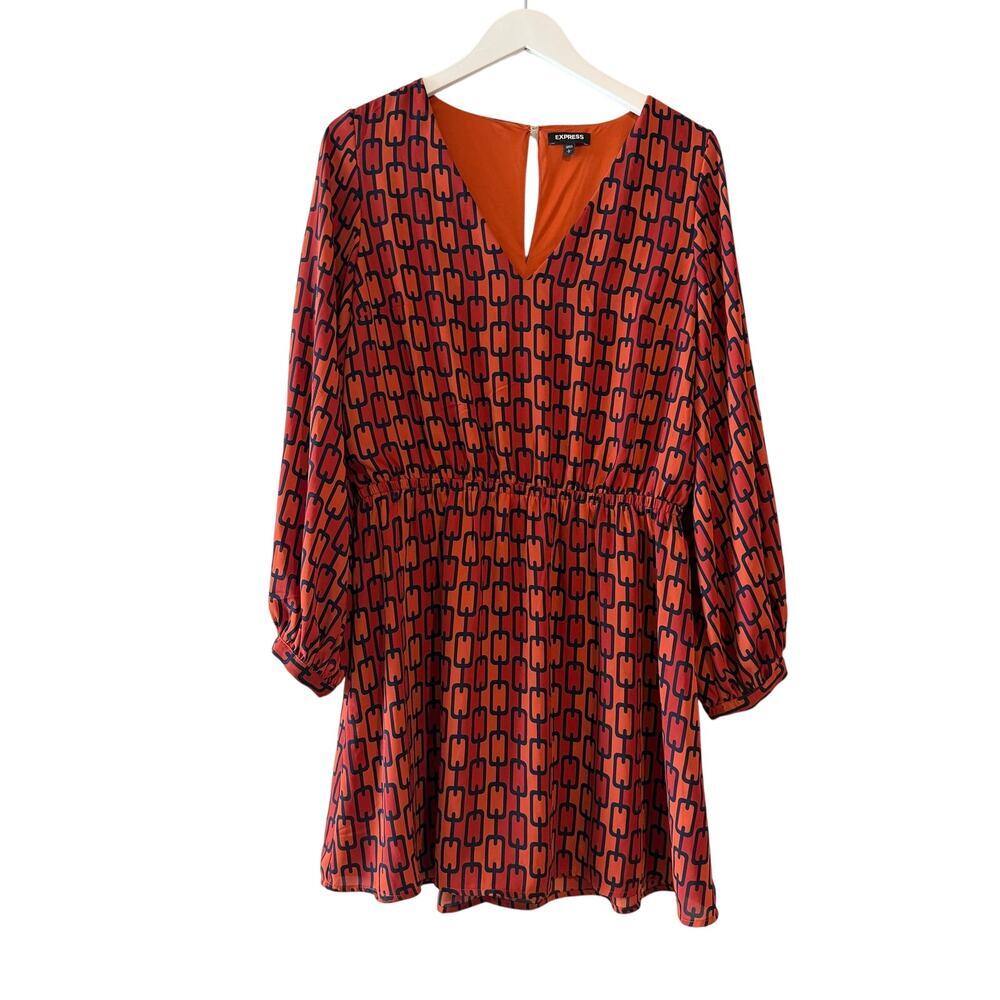 Express Size Large Long Sleeve Dress Boho Geometric Work Flowy Vacay Orange Blue